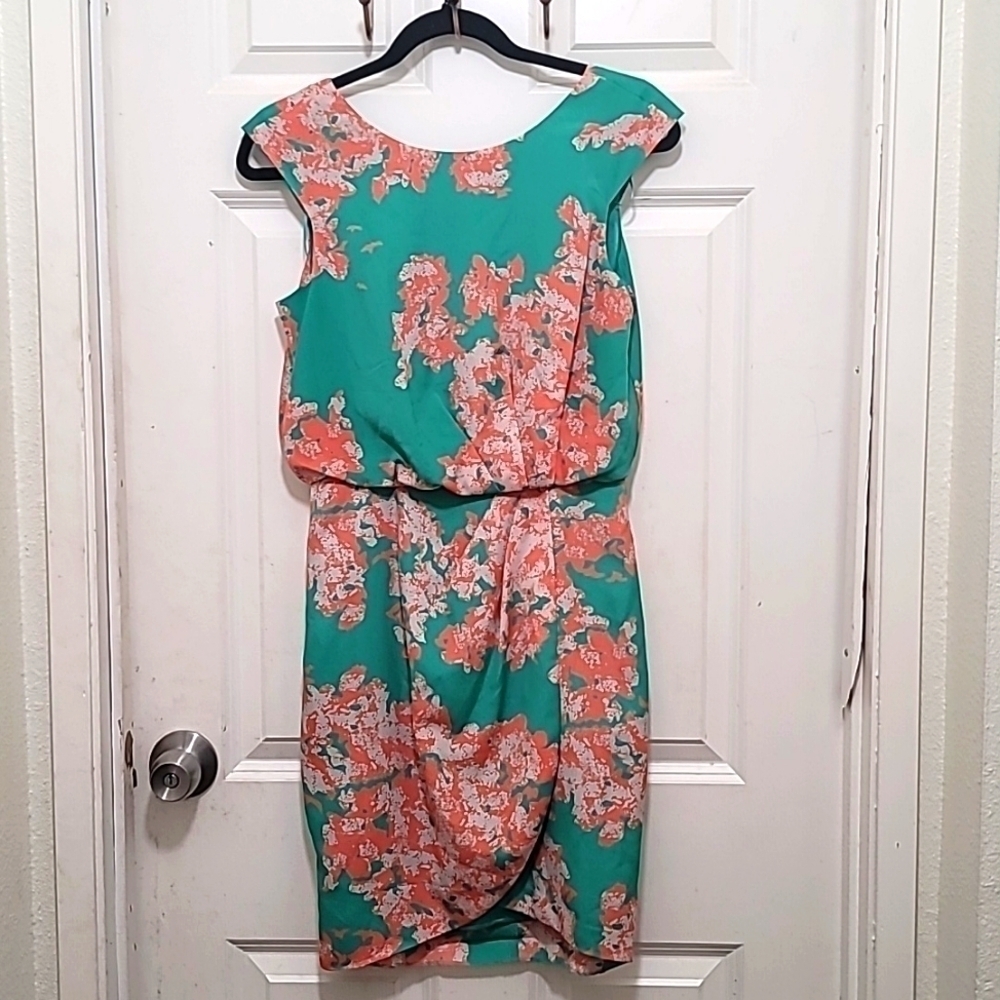 Jessica Simpson Floral Sheath Dress Womens 2 Teal Coral Blouson Tulip Wrap Skirt
